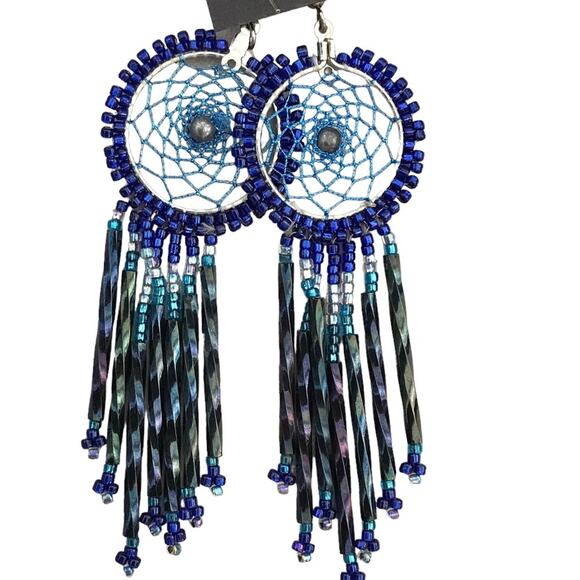 Indian Hand Made NWT Blue Sterling Silver Earrings Dreamcatcher Beaded - Picture 4 of 5